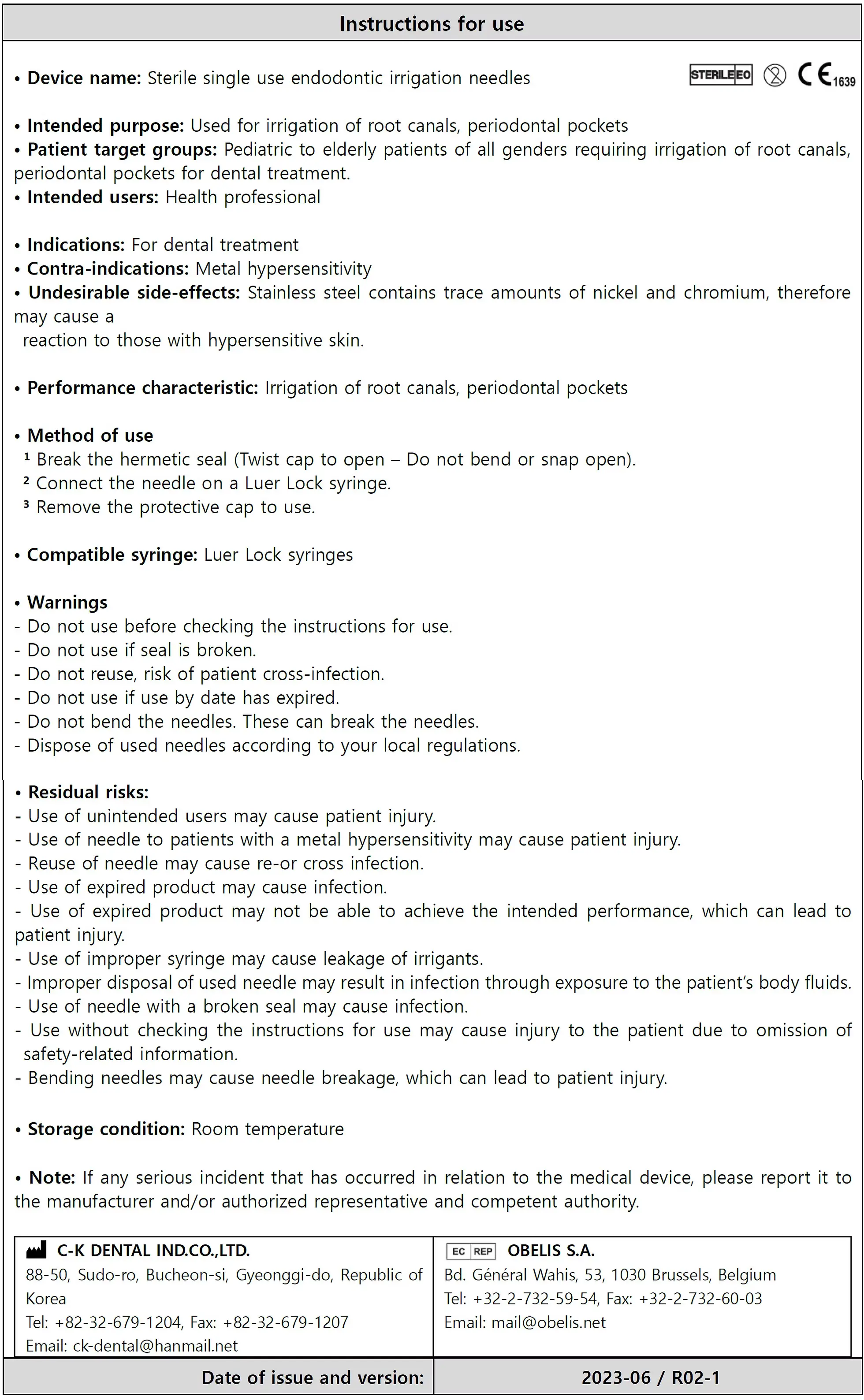 ENDO-MDR IFU - Sterile single use endodontic irrigation needles Instructions for use