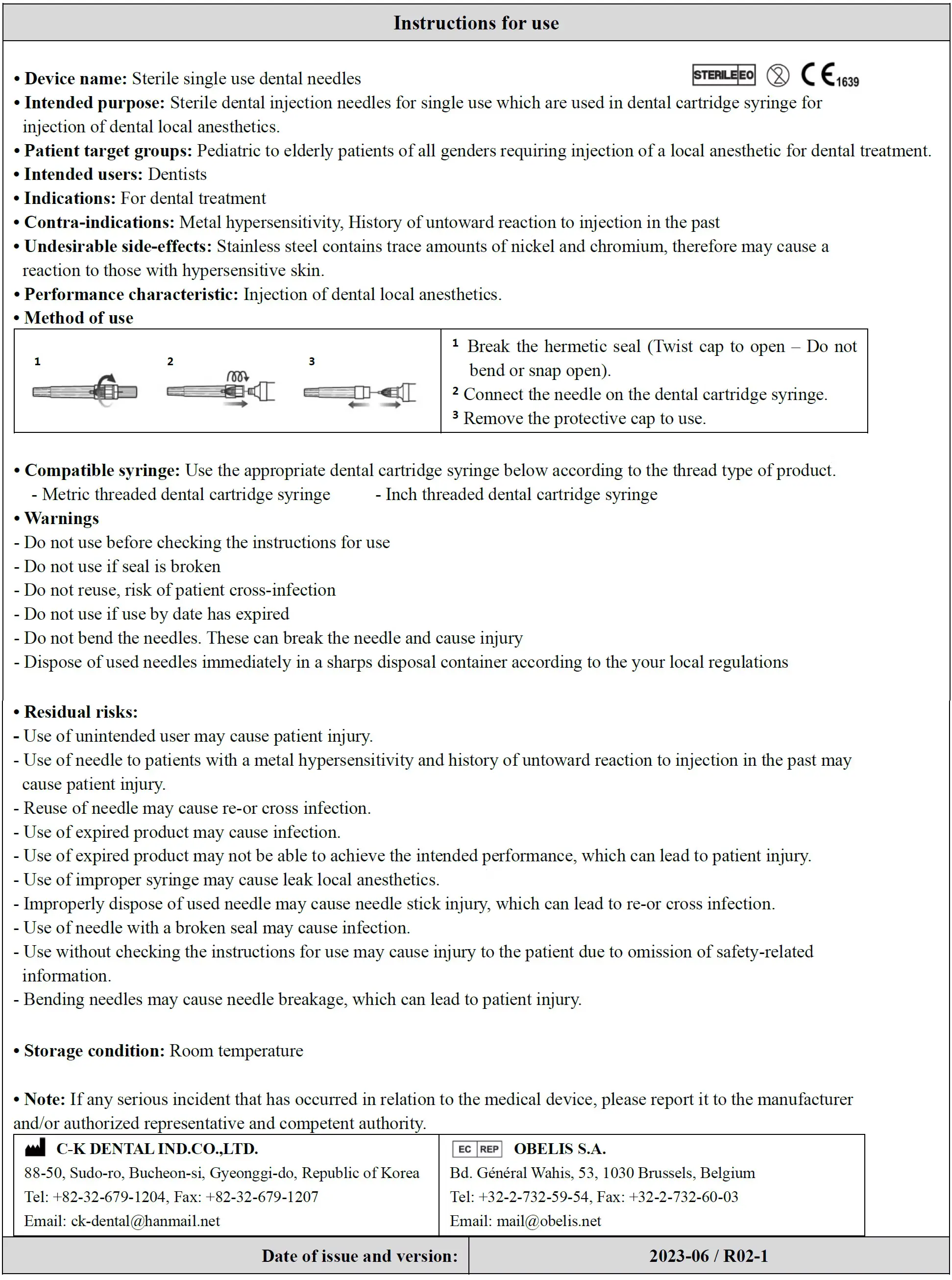 MDR IFU - Sterile single use Dental Needles Instructions for use